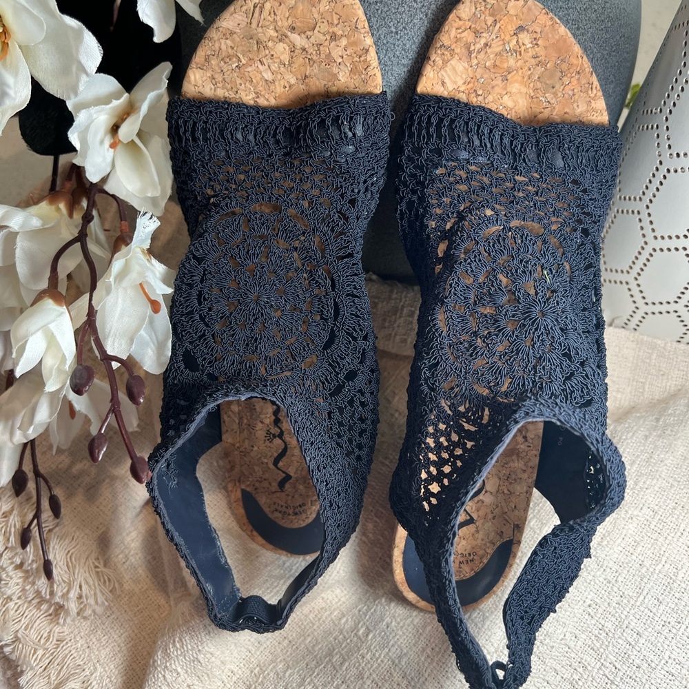 Nina NEVAEH Navy Crochet Wedge Sandals - Picture 6 of 11